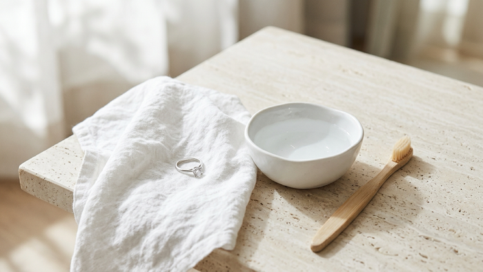 A silver ring on a linen cloth beside a bowl of water and a soft brush