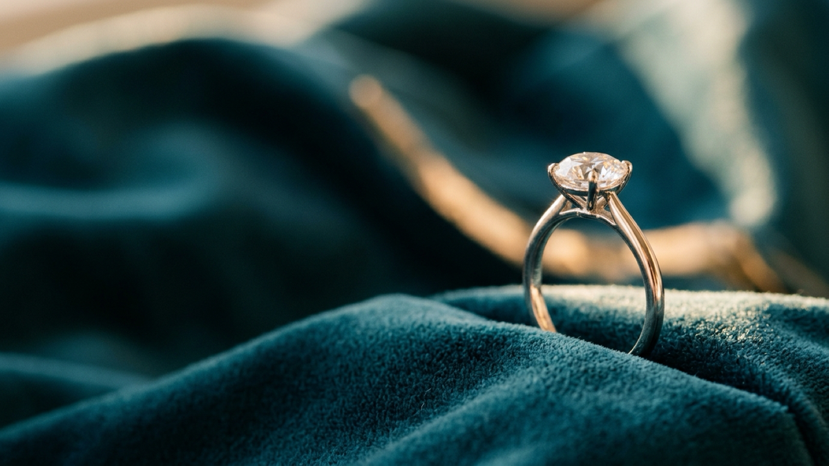 A silver solitaire moissanite ring standing on deep teal velvet