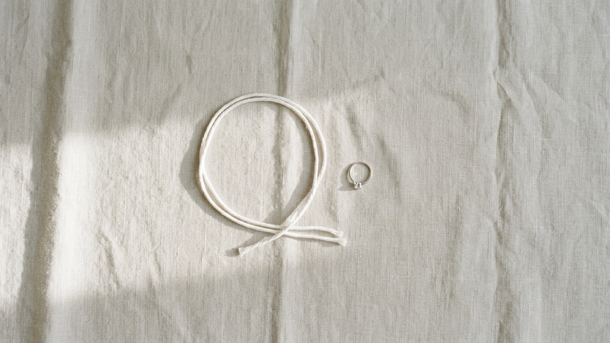A loop of string and a ring on linen for measuring ring size