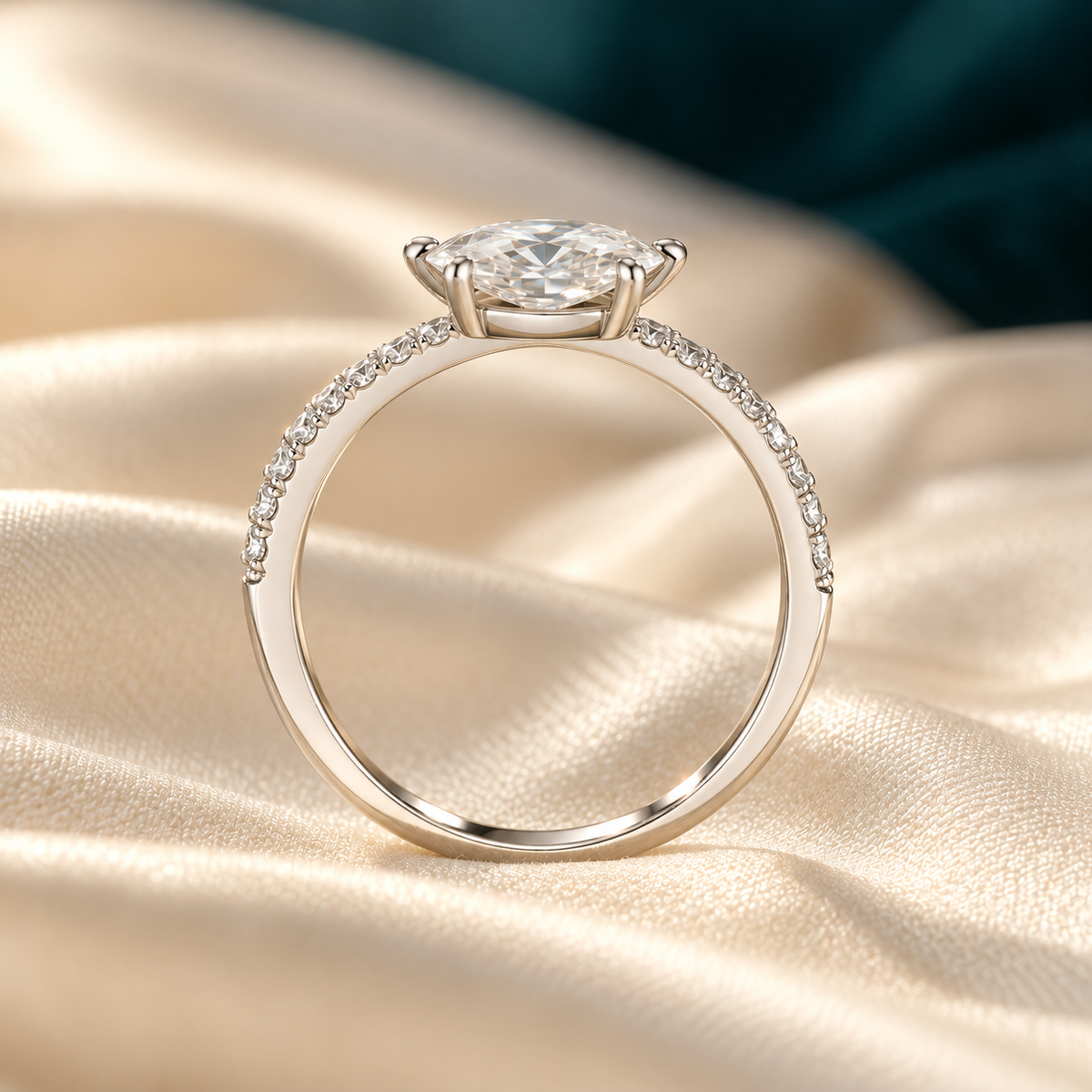 Alba ring standing upright on ivory satin