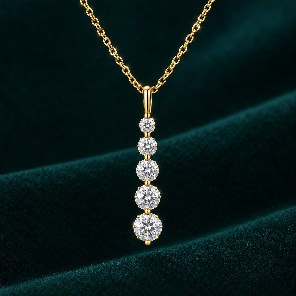 Amara Pendant Necklace: gold-tone drop pendant with five graduated round moissanite stones on teal velvet