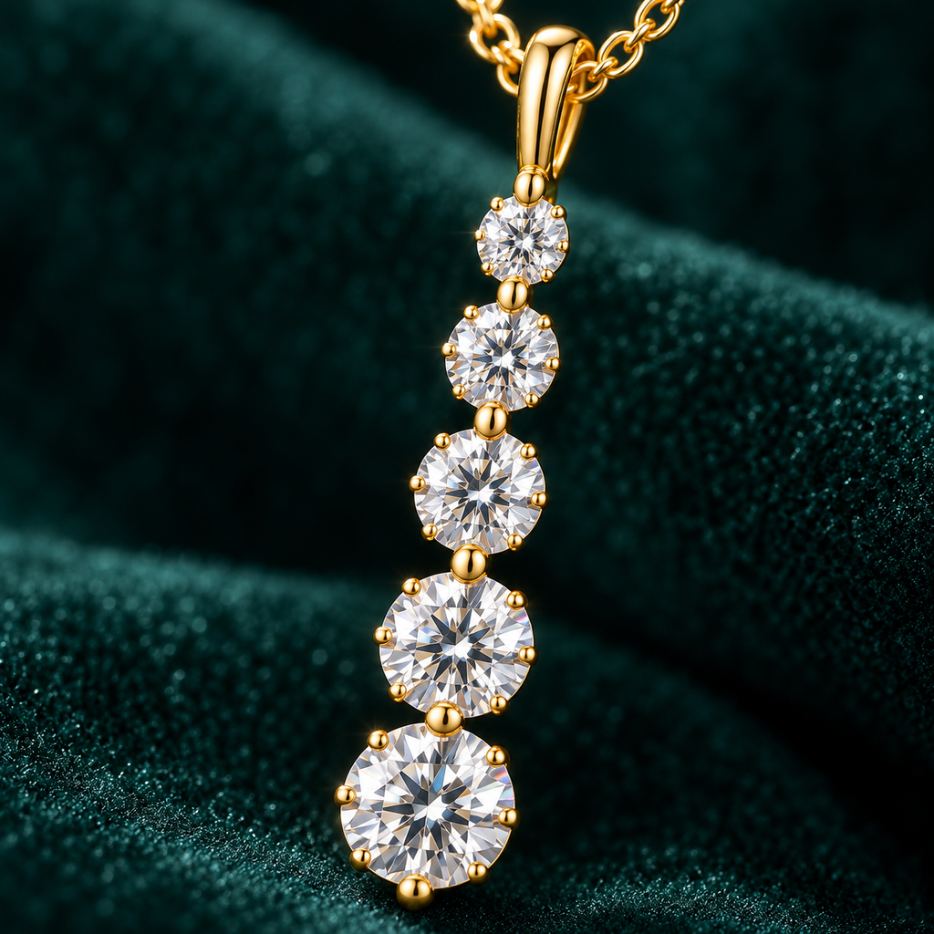 Amara pendant close-up of the five graduated claw-set stones
