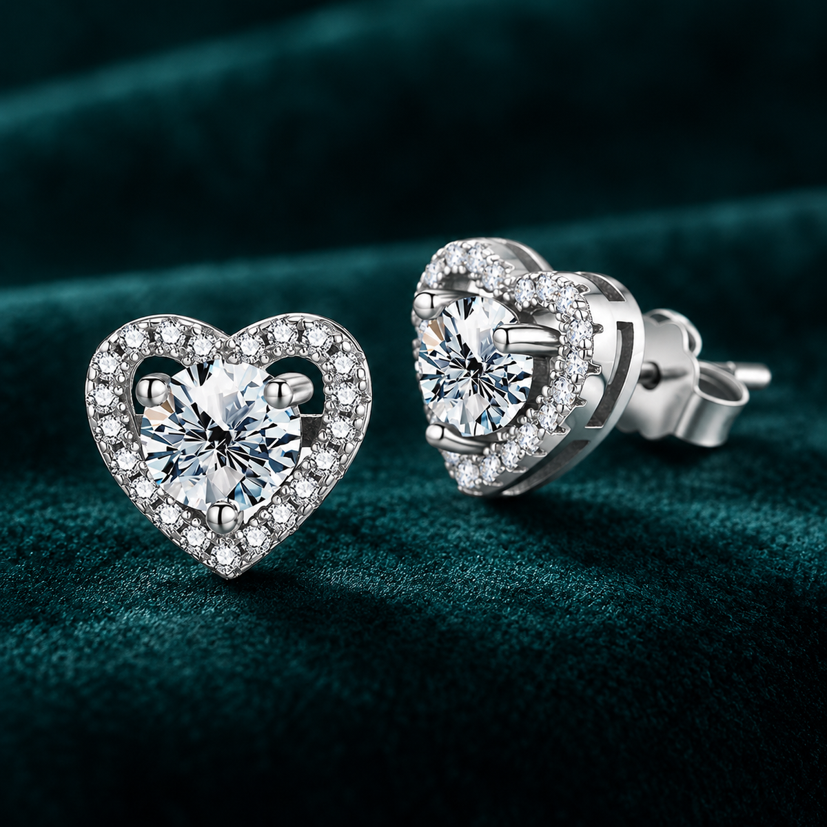Anouk Heart Halo Earrings: pair of sterling silver heart halo stud earrings with round centre stones on teal velvet