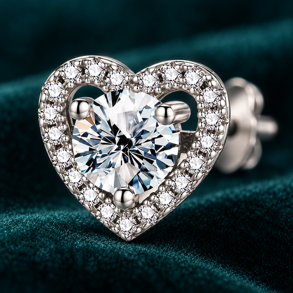 Anouk heart halo earring close-up of the round centre stone and pave halo