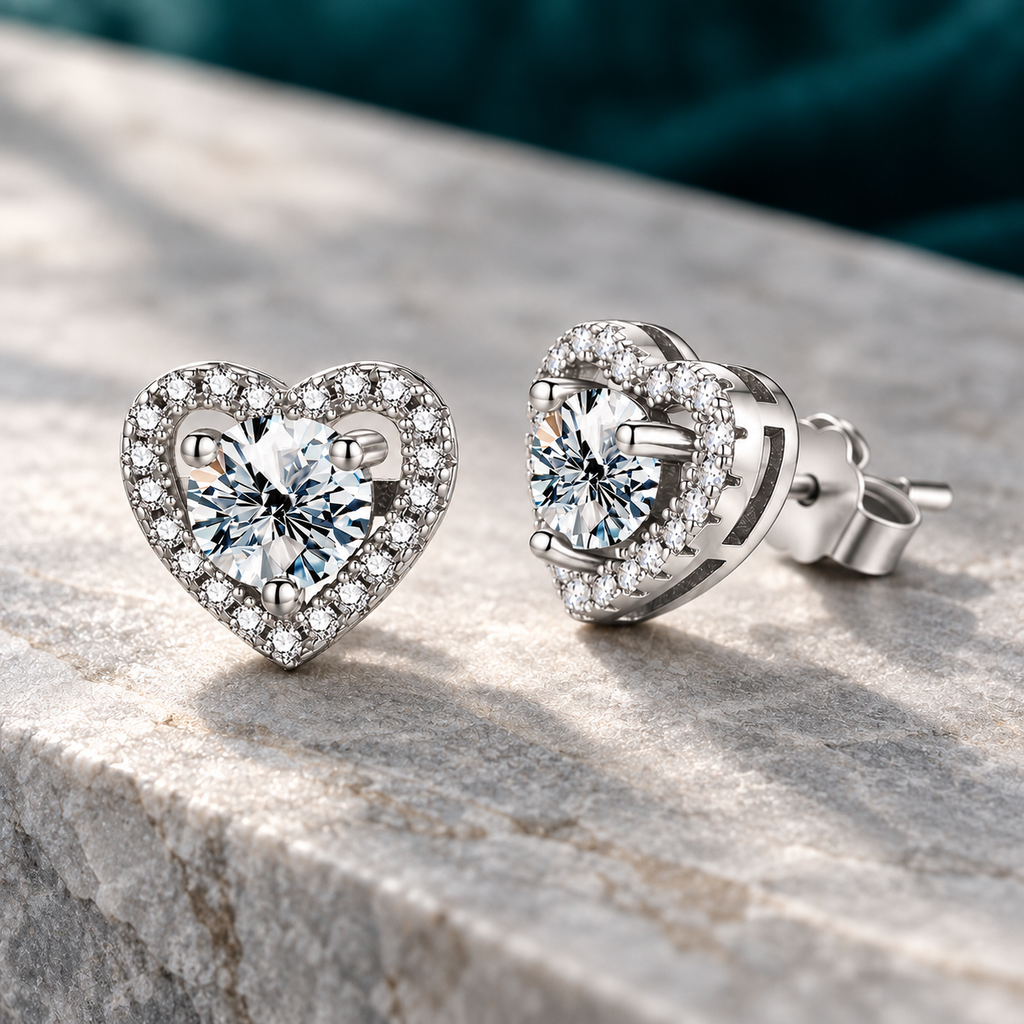 Anouk heart halo earrings on a pale stone slab