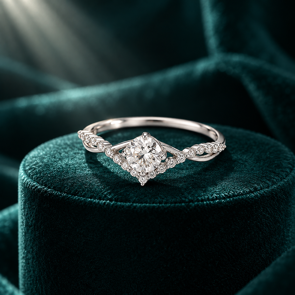 Corin Crown Ring: sterling silver ring with a round moissanite centre stone and a V-shaped crown halo on teal velvet