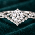 Corin Crown Ring close-up of the four-claw moissanite centre stone and V-shaped crown