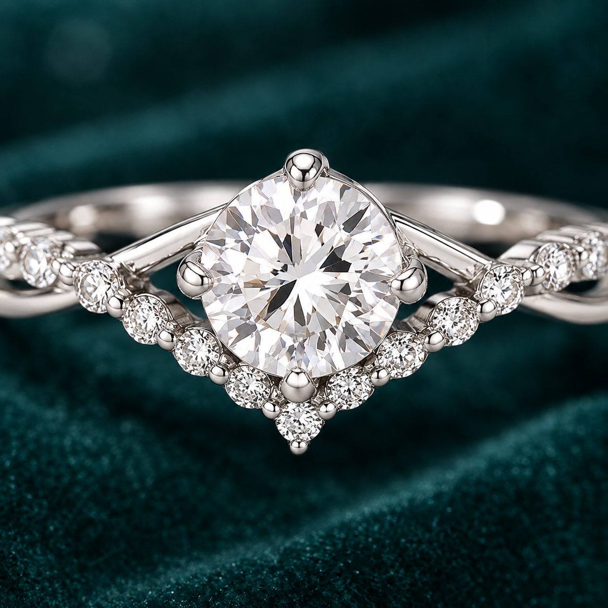 Corin Crown Ring close-up of the four-claw moissanite centre stone and V-shaped crown