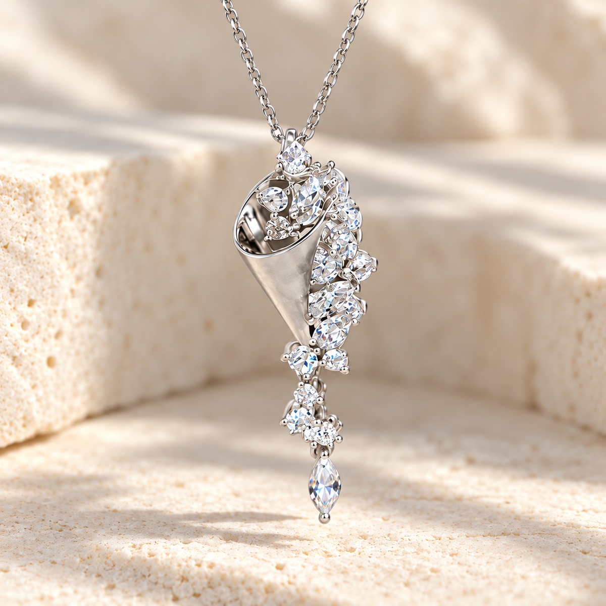Cosima Marquise Tassel Necklace — silver marquise moissanite macro detail