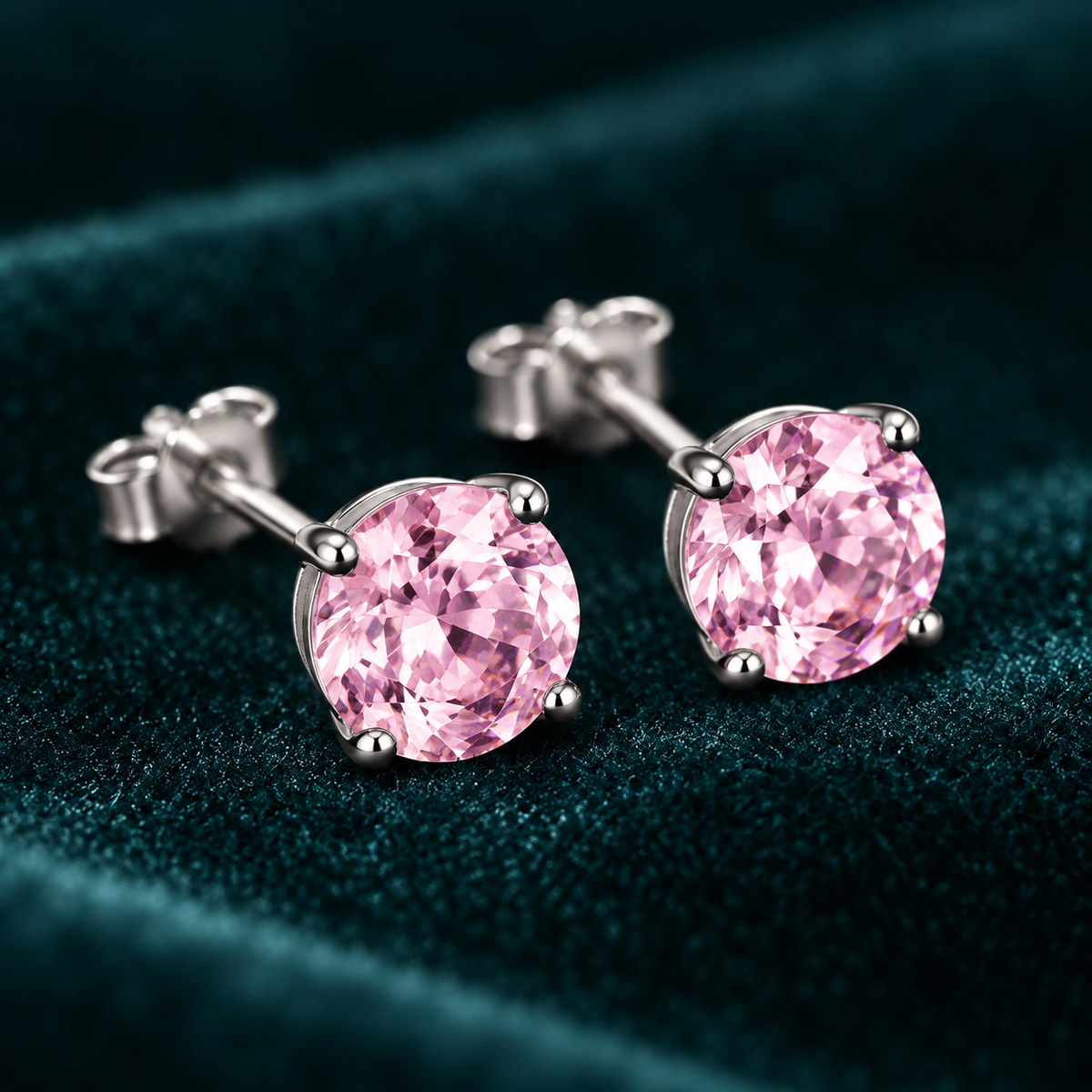Daphne stud earring close-up of the pink faceted stone in four claws