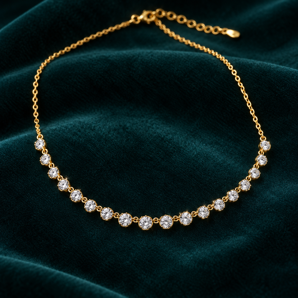 Dara Choker Necklace: gold-tone choker with a front row of individually set round moissanite stones on teal velvet