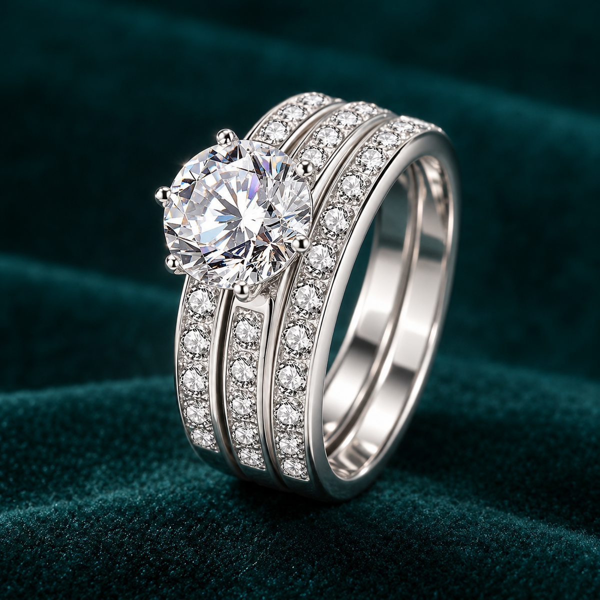 Hedy Jewellery Set: sterling silver triple-band stacked ring with a large round moissanite centre stone and pave bands on teal velvet