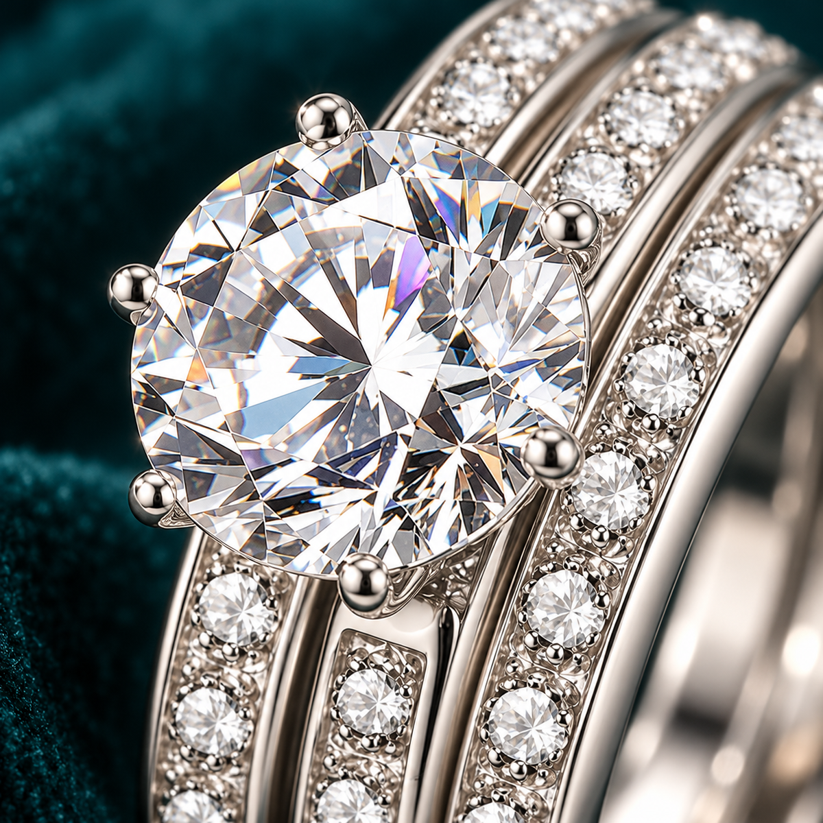Hedy ring close-up of the six-claw centre stone and pave bands