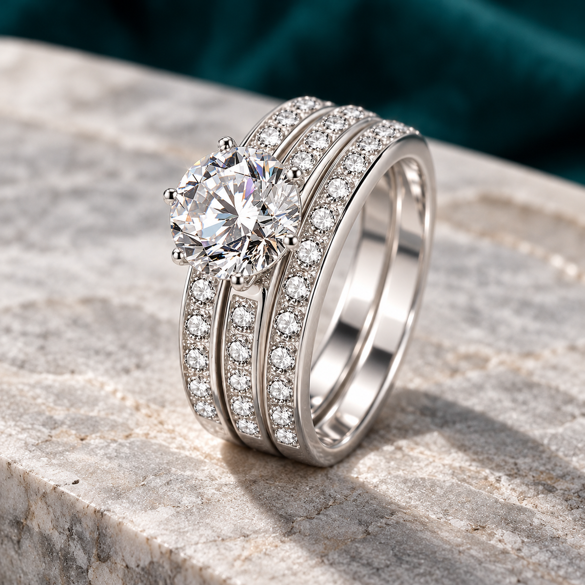 Hedy triple-band ring on a pale stone slab