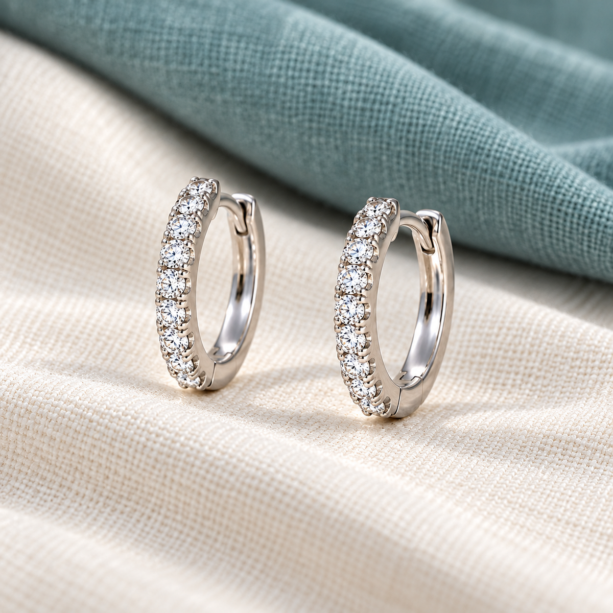 Ines Hoop Earrings — ivory textile and muted teal editorial