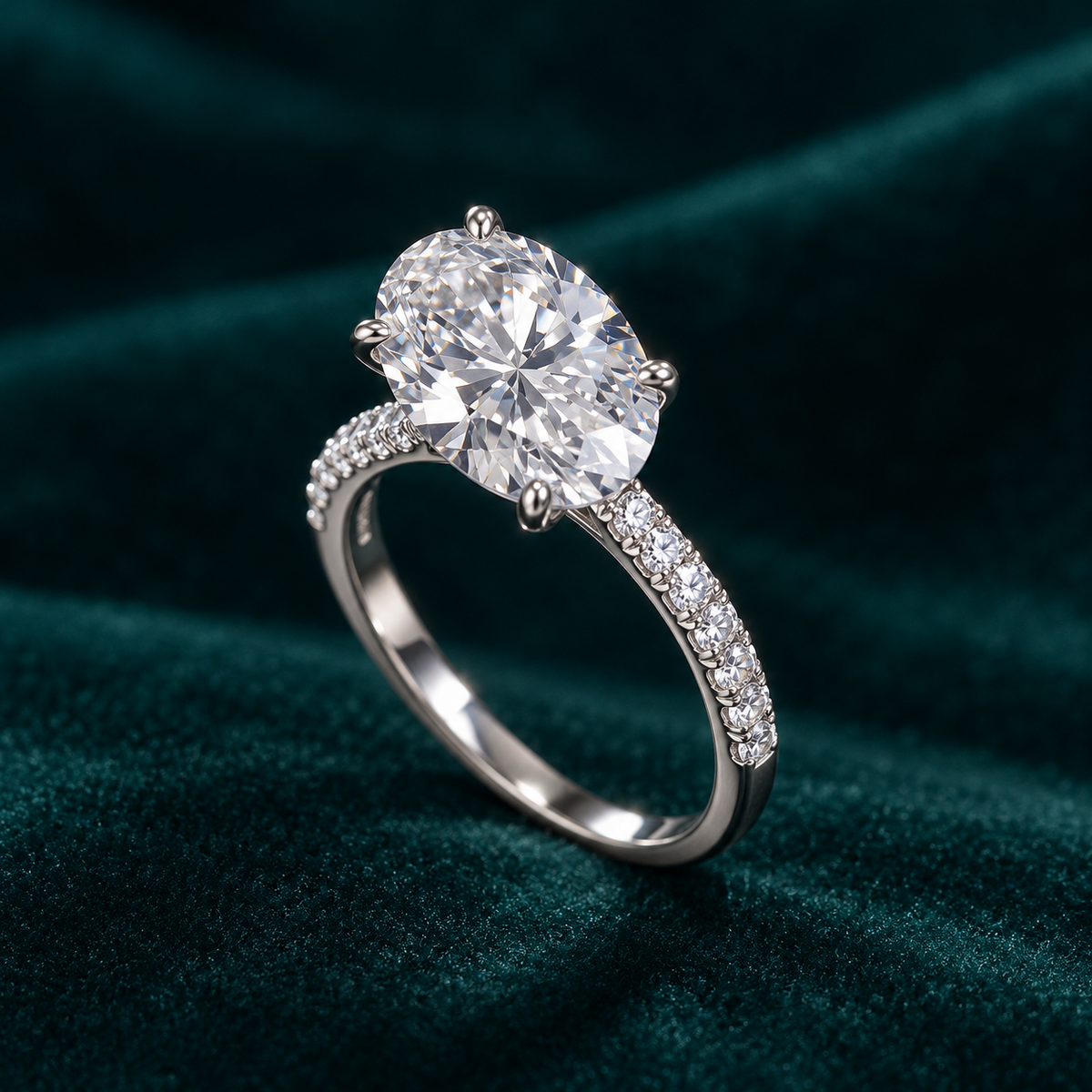 Jessamine Oval Ring: sterling silver oval moissanite solitaire ring with pave shoulders on teal velvet