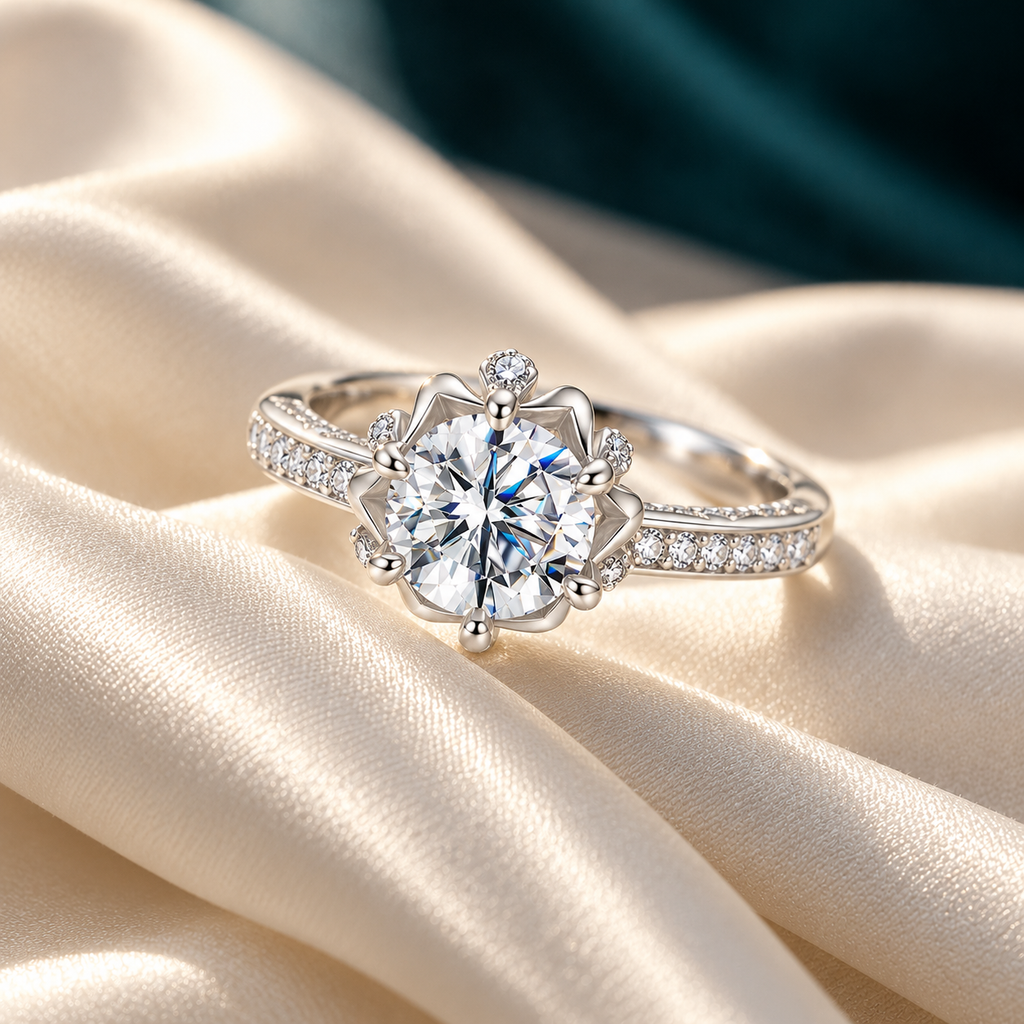 Mabel Halo Ring on ivory satin