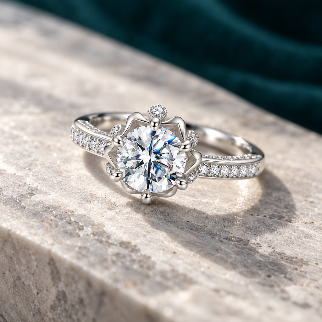 Mabel Halo Ring on a pale stone slab