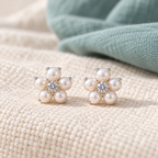 Marisol Pearl Earrings — ivory textile and muted teal editorial