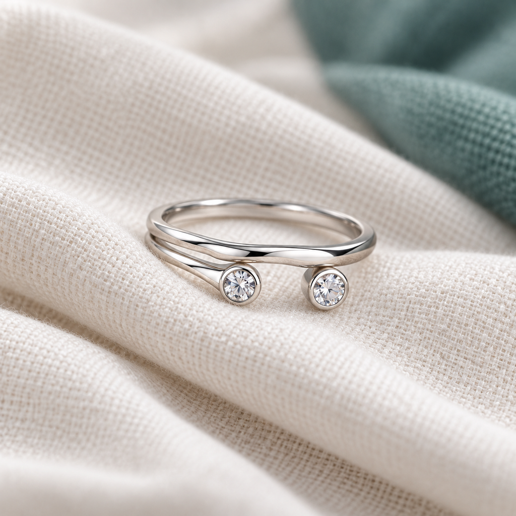 Opaline Stacking Ring — ivory textile and muted teal editorial