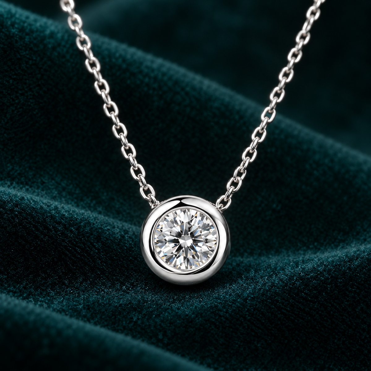 Petra Pendant Necklace: sterling silver bezel-set round moissanite solitaire pendant on a fine chain, on teal velvet