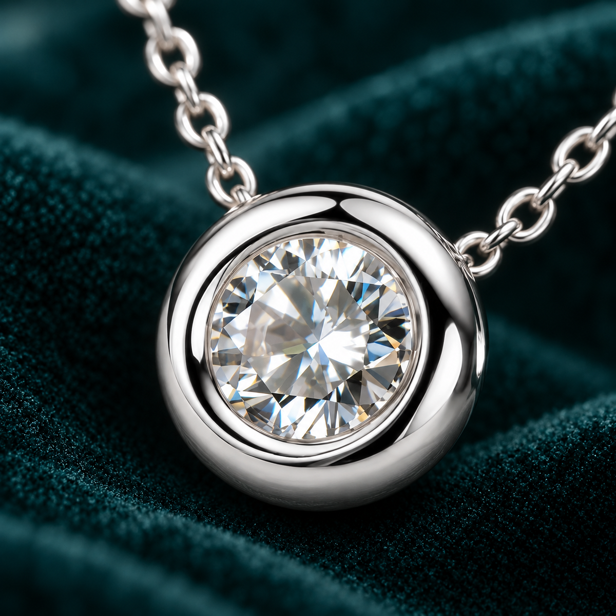 Petra pendant close-up of the bezel-set round stone