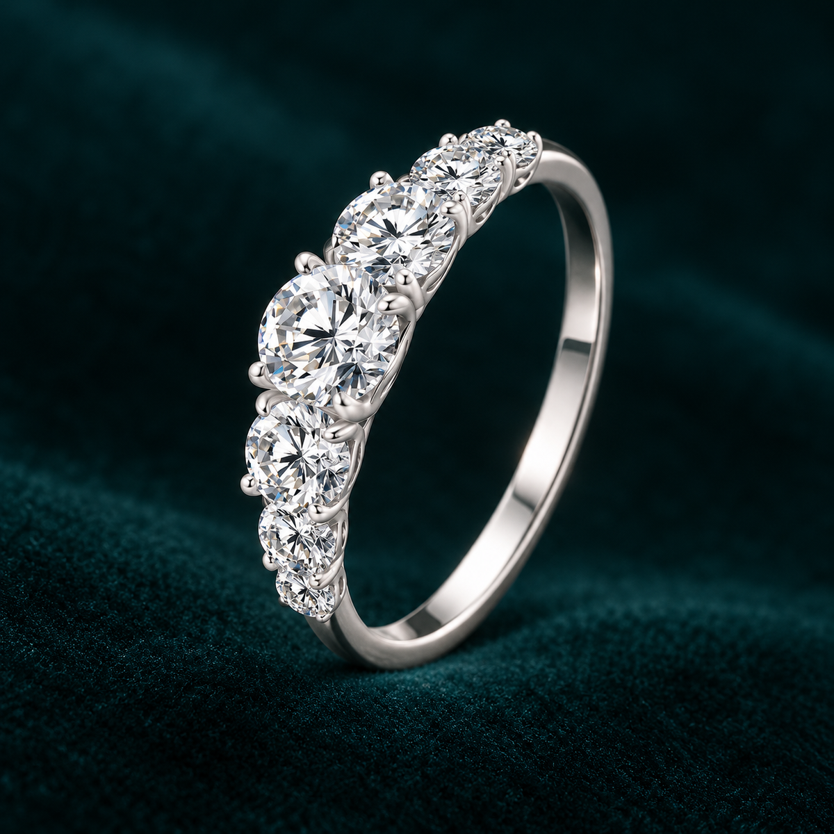 Pippa Graduated Eternity Ring: sterling silver ring with five graduated round moissanite stones on teal velvet