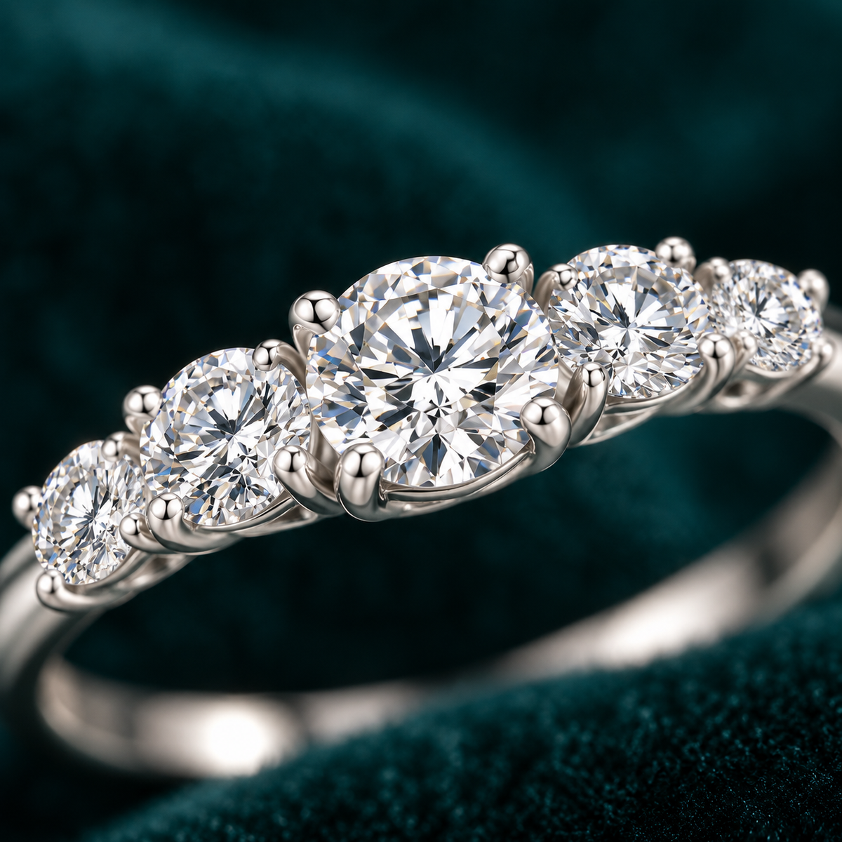 Pippa ring close-up of the graduated round moissanite stones in claw settings