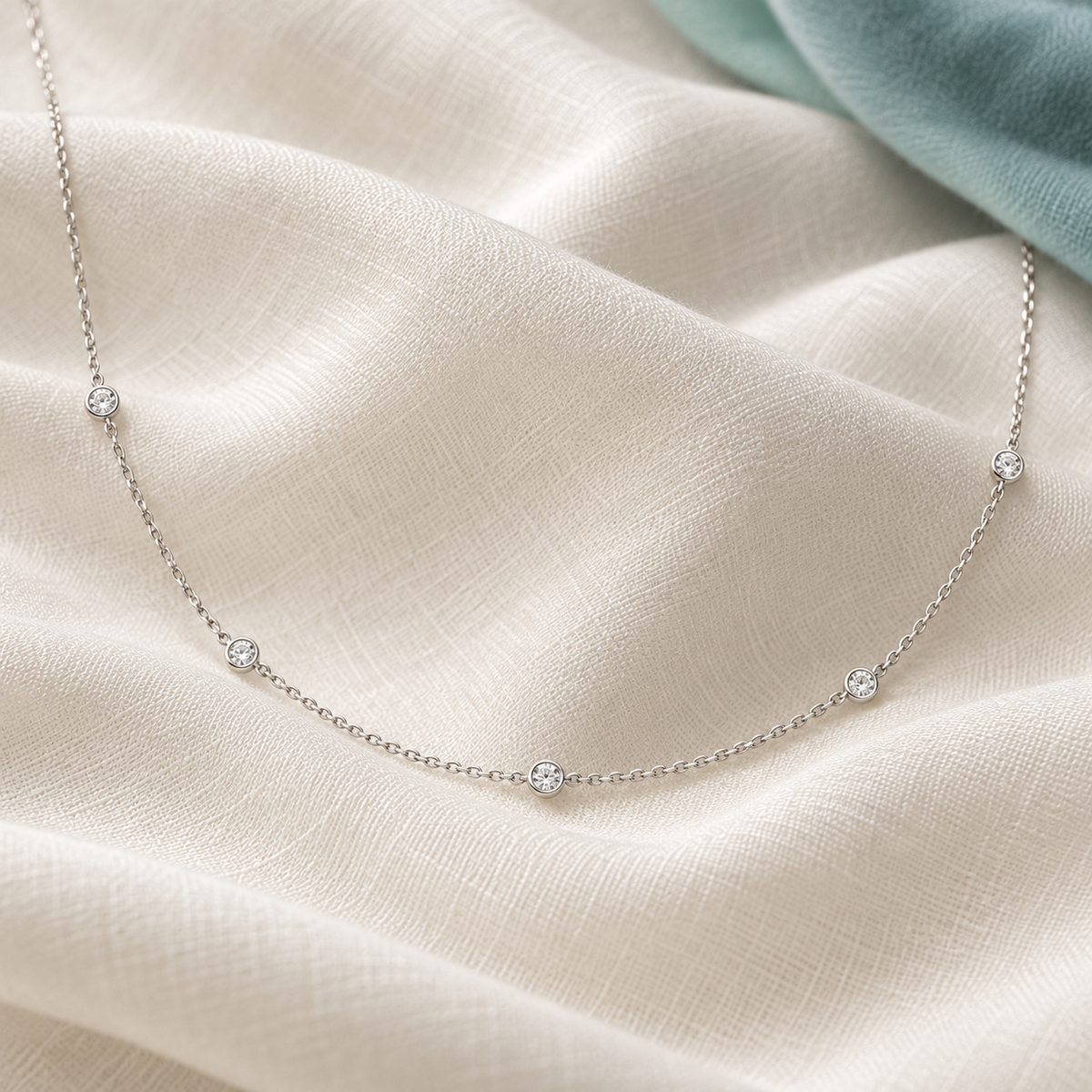 Quinn Layered Necklace — ivory textile and muted teal editorial