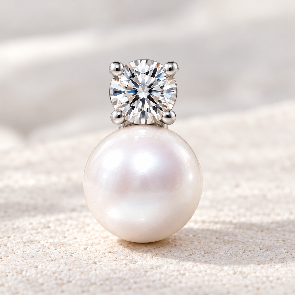 Soleil Pearl Earrings — sterling silver pearl and moissanite macro detail