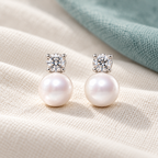 Soleil Pearl Earrings — ivory textile and muted teal editorial