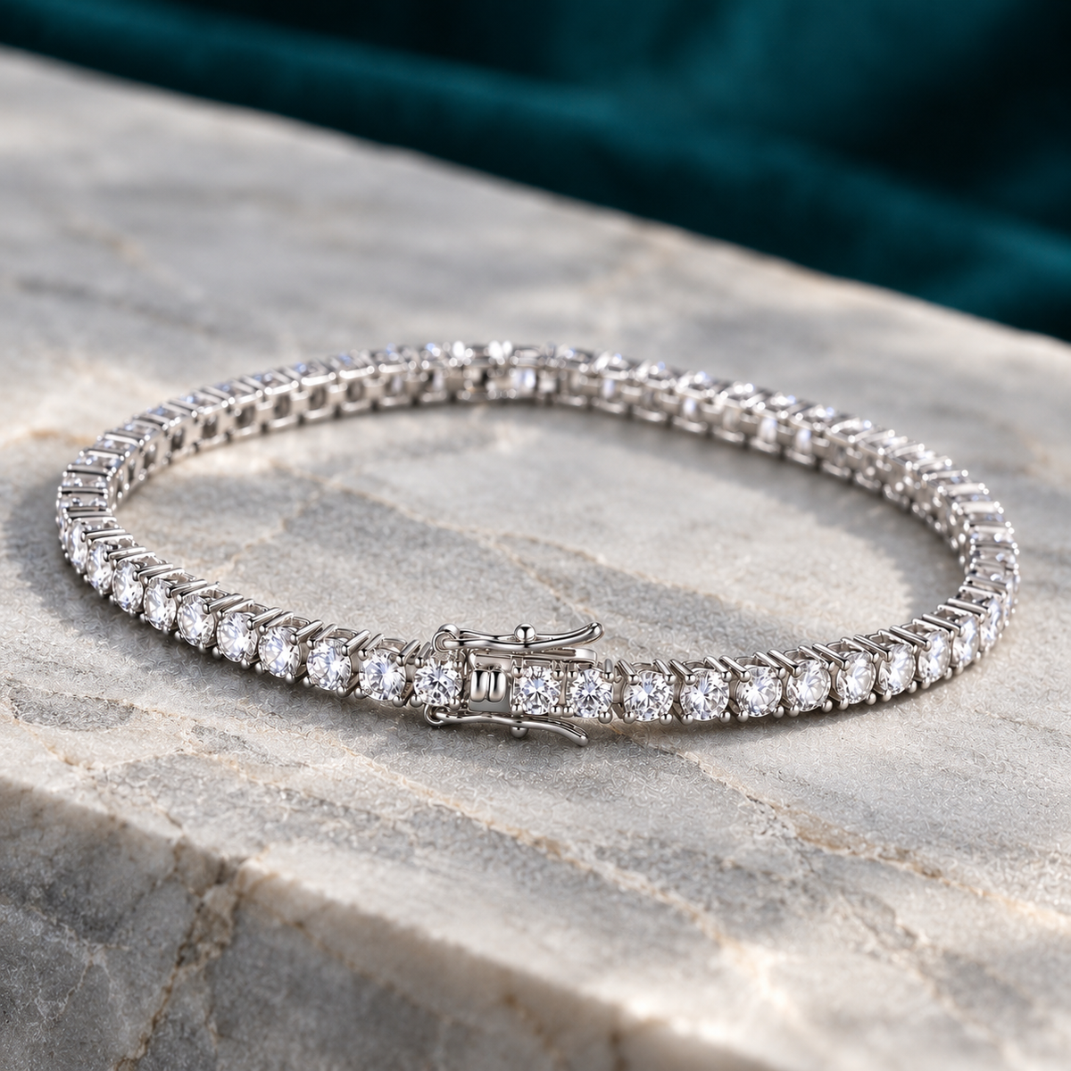 Vesper Tennis Bracelet on a pale stone slab