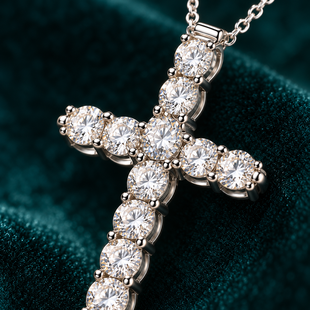 Viviane cross pendant close-up of the claw-set round stones